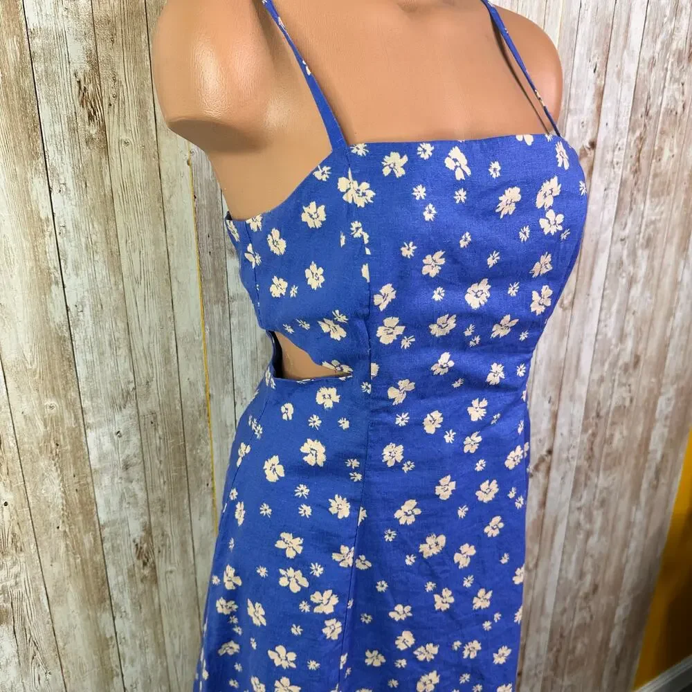 ZARA Woman’s Linen Blend Spaghetti Strap Blue Floral Dress medium - Picture 2 of 6